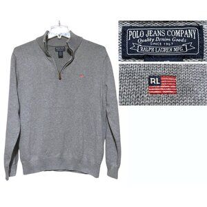 Y2K Polo Ralph Lauren Flag Quarter Zip Pullover L Gray Ribbed 100% Cotton SOFT
